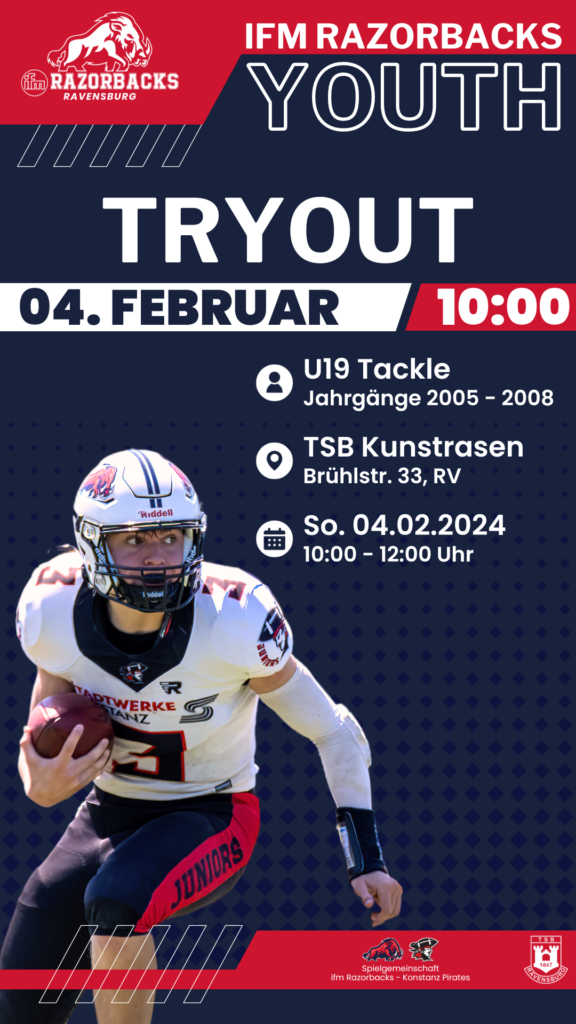 Footballspieler, der in Bewegung ist auf einem Plakat für ein Football TryOut